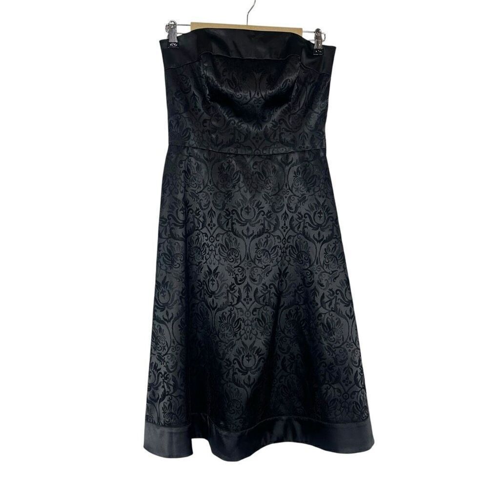White House Black Market Strapless Midi Dress 4 Black Damask Fit & Flare WHBM - Picture 2 of 16